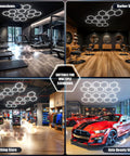 Hexagon LED Garage Lights 16 Pack 128W Ultra Bright 12800LM 6500K Ceiling Shop Light in various indoor settings