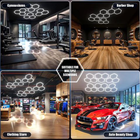 Hexagon LED Garage Lights 16 Pack 128W Ultra Bright 12800LM 6500K Ceiling Shop Light in various indoor settings