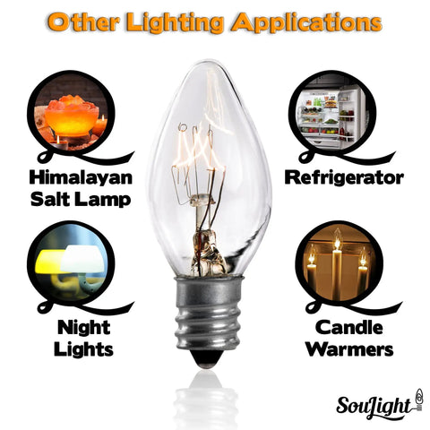 15 Watt Salt Lamp Replacement Bulb For Himalayan Salt Lamps And Decor E12 Socket C7 Base Lit Warm White Glow For Chandeliers Wax Warmers Night Lights Long Lasting Incandescent 12 Pack image showing bulb and various uses