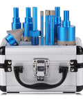 Diamond Drill Bit Set For Tile And Glass 9 Piece Includes 6mm 8mm 10mm 20mm 25mm 35mm 50mm Diamond Hole Saw Bits 35mm Beveling Chamfer Bit SDS Adapter For Glass Ceramic Porcelain Marble Brick Granite Pots displayed in a metal case