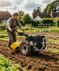 Man using Workhorse Power Rear Tine Tiller Cultivator With 420cc 13.5 HP Gas Engine 8 Inch Tilling Depth Full Gear Drive Transmission