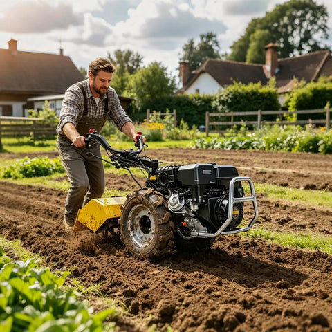 Man using Workhorse Power Rear Tine Tiller Cultivator With 420cc 13.5 HP Gas Engine 8 Inch Tilling Depth Full Gear Drive Transmission