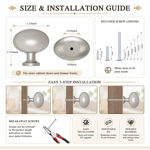 Size and installation guide for Premium 2 Pack Oval Cabinet Knobs And Drawer Pull Handles Featuring Slick Brushed Nickel Finish.