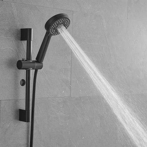 Shower Faucet System, 10-Inch Round Head, 5-Spray Handheld, Matte Black with water spray in modern bathroom setting.