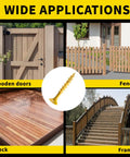 Weatherproof Tan Wood Screws For Outdoor Decks And Fences One And One Half Inch No Eight Deck Screws 155 Piece Pack Rust Resistant Epoxy Coated With T25 Torx Bit Included Built To Last shown with applications like wooden doors, fences, deck, and frame.