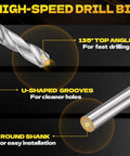 Close-up of high-speed drill bit from 322-Piece Pro Grade Helicoil Thread Repair Kit With Metric M5 To M12 And SAE One Quarter To One Half Inch Thread Restorers HSS Drill Bits Taps Thread Inserts Break Off Tools And Complete Automotive Repair Set with 135° top angle, U-shaped grooves, round shank.