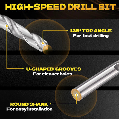 Close-up of high-speed drill bit from 322-Piece Pro Grade Helicoil Thread Repair Kit With Metric M5 To M12 And SAE One Quarter To One Half Inch Thread Restorers HSS Drill Bits Taps Thread Inserts Break Off Tools And Complete Automotive Repair Set with 135° top angle, U-shaped grooves, round shank.