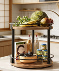 Two-Tier Lazy Susan Turntable Organizer For Cabinets And Pantries with fruit and jars; 360 Degree Rotating Wood Kitchen Shelf