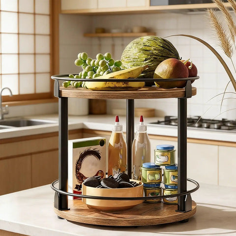Two-Tier Lazy Susan Turntable Organizer For Cabinets And Pantries with fruit and jars; 360 Degree Rotating Wood Kitchen Shelf