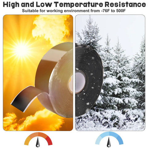 DIY Friendly Self Fusing Silicone Tape Rescue Tape Amalgamating Tape For Plumbing And Sealing Pipes Hose Repair And Electrical Cables One Inch By Thirty Three Feet Black Weather Resistant High Temperature And Chemical Resistant No Adhesive. Image shows tape in varied temperatures.
