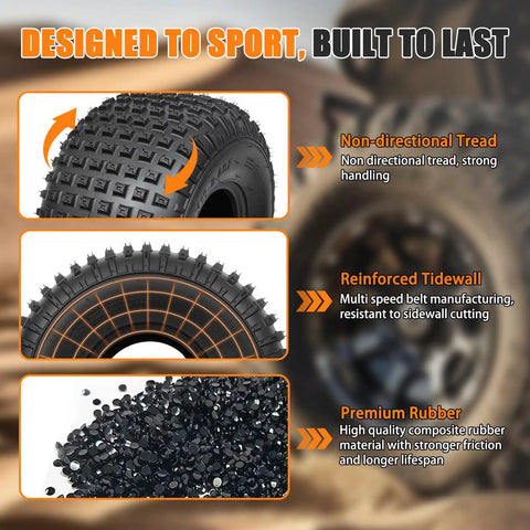 All Terrain Knobby ATV UTV Tires 22x11-8 Tubeless 6 Ply Set of Two showing tread, sidewall, and rubber details