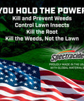 American flag with Spectracide logo, promoting pest and weed control, made in USA with global materials text.