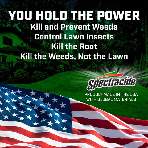 American flag with Spectracide logo, promoting pest and weed control, made in USA with global materials text.