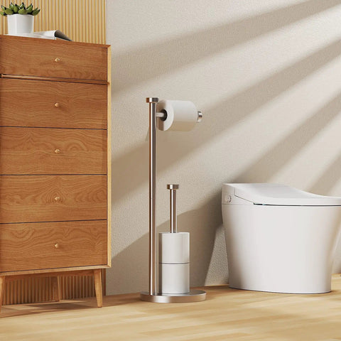 One Hand Tear Free Damping Toilet Paper Holder Stand With Storage Built In, Rustproof Stainless Steel Free Standing Roll Holder in bathroom