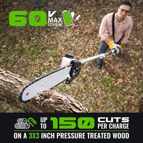 Cordless Pole Saw With 60V Power For Heavy Duty Tree Trimming And Pole Extension 15 Foot Reach 10 Inch Cutting Bar 2.5Ah Battery Easy To Maneuver For Homeowners Seeking Real Power Without Gas in action cutting branch