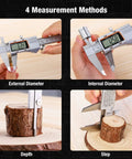 Four measurement methods of 8 Inch Digital Caliper With Stainless Steel Body Large LCD Ultra Accurate To 0.001 Inch 0.0005 Inch Resolution Ideal For DIY Jewelry Making Woodworking Household Projects And Hobbyists shown on wood piece.