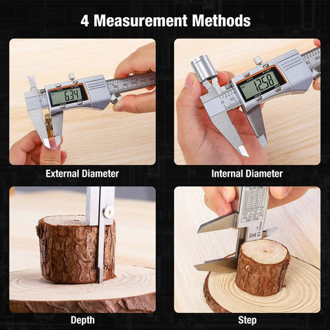 Digital Caliper 12 Inch 300mm Stainless Steel Electronic Caliper With Large LCD Screen demonstrating four measurement methods