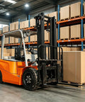Electric Warehouse Forklift For Goods Transport And Material Handling In Loading Docks And Warehouses Workhorse Industrial Lift Truck For Logistics Tasks Multi Model Stacker And Pallet Carrier, orange forklift with pallet forks in warehouse