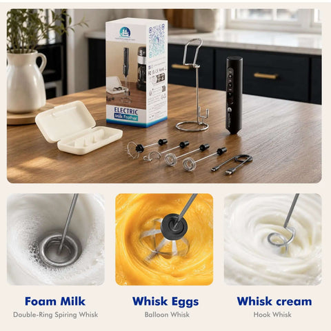 Rechargeable Milk Frother Set With Stand Battery Included Level Up Your Coffee Game featuring whisks, charger, and compact case on wooden table.
