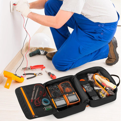 Carrying Case For Klein Tools 80101 ET310 AC Circuit Breaker Finder And Electrical Test Tools open with tools visible, used by electrician
