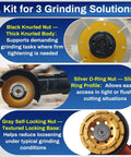 Three Piece 5/8-11 Angle Grinder Nut Set With D Ring Knurled Arbor Nut And Self-Locking Nut shown with grinding wheels