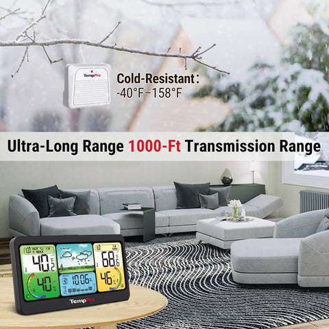 Indoor Outdoor Weather Station With Wireless Remote Thermometer And Barometer 1000 Ft Range Highly Accurate Sensor in living room