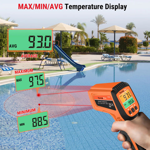 2 Laser Infrared Temperature Gun For Cooking And Grilling With 16 To 1 Distance To Spot Ratio, displaying pool surface temperature.