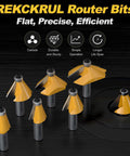 REKCKRUL 45° Chamfer Router Bits with Bearing; 8-piece carbide set; 1/2 in shank; 3/4 in cutting length