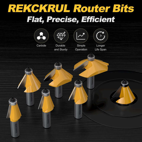 REKCKRUL 45° Chamfer Router Bits with Bearing; 8-piece carbide set; 1/2 in shank; 3/4 in cutting length