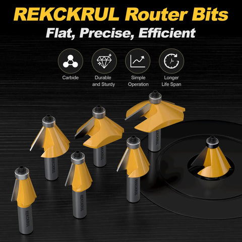 Six Piece Chamfer Router Bit Set With Precision Ball Bearing And Half Inch Shank Heavy Duty Carbide Heads Anti Kickback Design For No Sweat Mounting And Razor Sharp Profiles On Hardwood Cabinet Work displayed on a black surface.