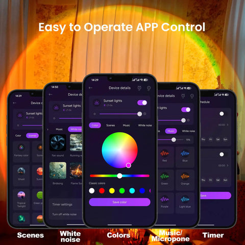 Five phone screens showing app control for Sunset Projection Lamp With 21 Colors And 180 Degree Rotating Led Light For Party And Bedroom Decor App Control And Push Button Switch Create Romantic Sunset Ambiance Anywhere