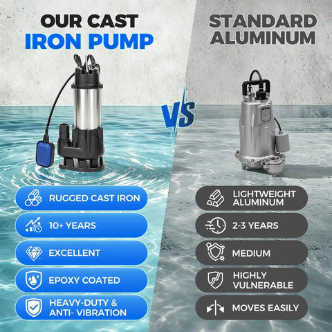 Real Deal Heavy Duty Submersible Sewage Pump With Rock Solid Stainless Steel Build Moving 2900 GPH in comparison with aluminum pump.