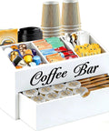Two Tier Wooden Coffee Bar Organizer For Countertop With Dust Proof Drawer And Five Compartments For Syrups Pods Tea Bags And Cups White Finish Coffee Station Accessories Holder Must Have