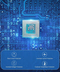 Close-up of a microchip on a blue electronic circuit board with protection icons and numbers, highlighting technological features.