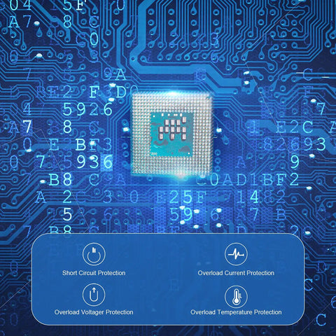 Close-up of a microchip on a blue electronic circuit board with protection icons and numbers, highlighting technological features.