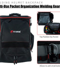 Welding Backpack With Detachable Helmet Bag And Built In Lunch Tote For Easy On The Job Site Storage Of Welding Gear Ultra Durable Tool Carrier With Padded Back And Straps Red, showing front view and pocket details.