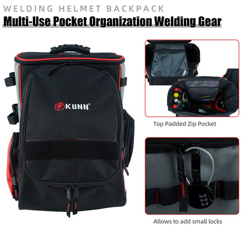 Welding Backpack With Detachable Helmet Bag And Built In Lunch Tote For Easy On The Job Site Storage Of Welding Gear Ultra Durable Tool Carrier With Padded Back And Straps Red, showing front view and pocket details.