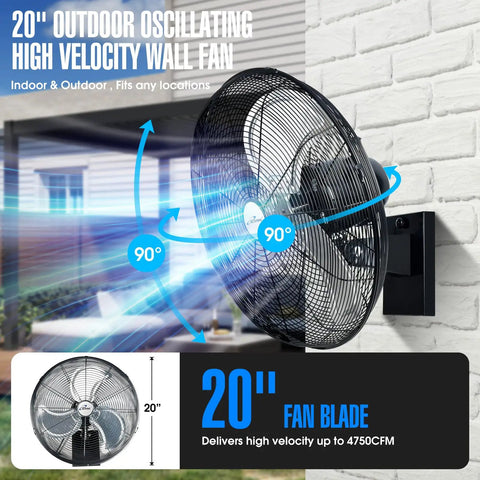 Outdoor Oscillating High Velocity Wall Fan With 4750 CFM Heavy Duty Weatherproof Motor mounted on wall