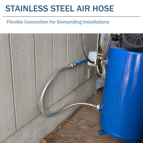 Top Shelf Heavy Duty 1/4 In X 40 In Stainless Steel Air Compressor Jumper Hose connecting to compressor and wall.