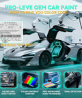Futuristic car with open doors in a high-tech auto repair shop for color matching and paint repair.