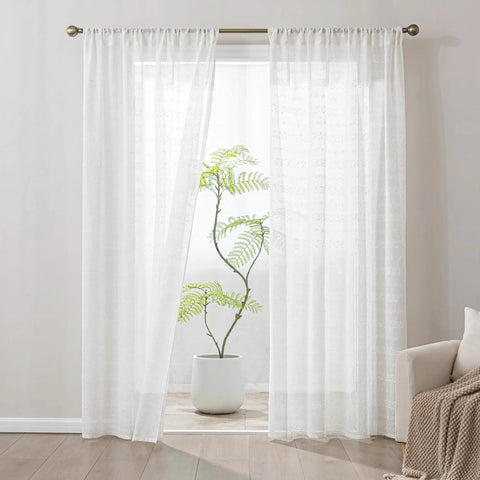 Cozy Farmhouse Polyester Linen Blend Sheer Curtains 84 Inch Long installed, light filtering beige panels in a living room setting