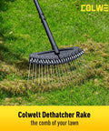 Close-up of 61-Inch Dethatcher Rake for Lawns with curved spring steel tines, removing thatch from grass