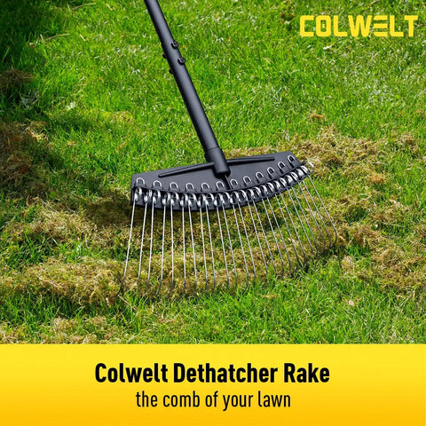 Close-up of 61-Inch Dethatcher Rake for Lawns with curved spring steel tines, removing thatch from grass
