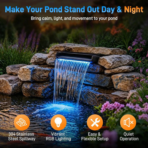 All In One Pond Waterfall Kit With LED Light And 12 Inch Stainless Spillway in a garden setting with illuminated water flow.
