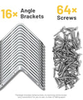 16 stainless steel 40mm L brackets with 64 screws displayed, part of Stainless Steel L Bracket Set For Shelves 16 Pieces With 64 Screws 40mm By 40mm 90 Degree Right Angle Corner Braces For Wood Furniture Cabinets And Chairs Easy To Install And Remove Pro Grade Build For Everyday DIY