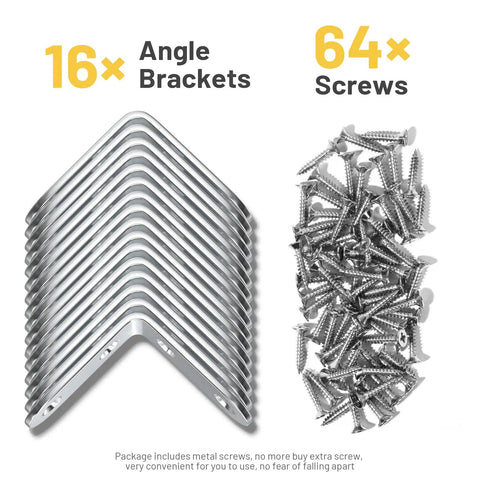 16 stainless steel 40mm L brackets with 64 screws displayed, part of Stainless Steel L Bracket Set For Shelves 16 Pieces With 64 Screws 40mm By 40mm 90 Degree Right Angle Corner Braces For Wood Furniture Cabinets And Chairs Easy To Install And Remove Pro Grade Build For Everyday DIY