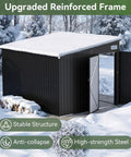Outdoor Waterproof Storage Shed With 360 Cu Ft Capacity 9.4 By 7.3 Feet Heavy Duty Metal Garden Tool Shed in snowy landscape.