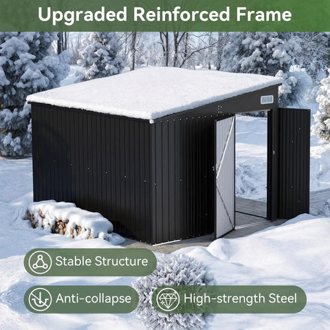 Outdoor Waterproof Storage Shed With 360 Cu Ft Capacity 9.4 By 7.3 Feet Heavy Duty Metal Garden Tool Shed in snowy landscape.