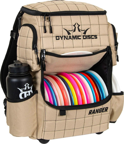 Ranger Disc Golf Backpack For Over Twenty Discs With Quick Access Pocket Water Bottle Holder Retriever Holster And Ample Storage Gear For Your Round In Sandstone Color displaying discs and water bottle.