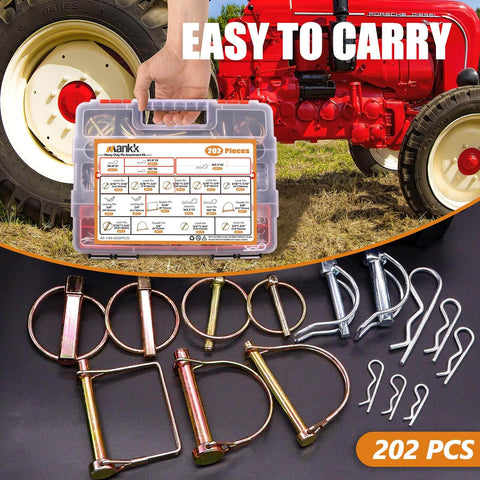Heavy Duty Hitch Pin Clip Assortment Kit with case shown near farm tractor; includes R Clips, Hair Pins, Linch Pins, PTO Pins.